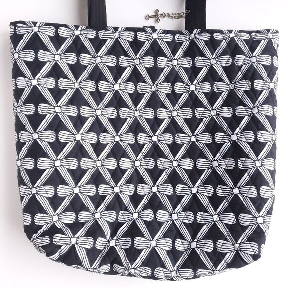 Bella Taylor Tote Shoulder Bag Black White 100% Cotton Double Handle Cross Charm - Picture 4 of 12